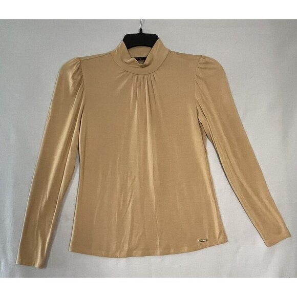 Tahari Long Sleeve Stretch Mock‎ Neck Blouse Womens  X-Small Gold - Picture 1 of 8